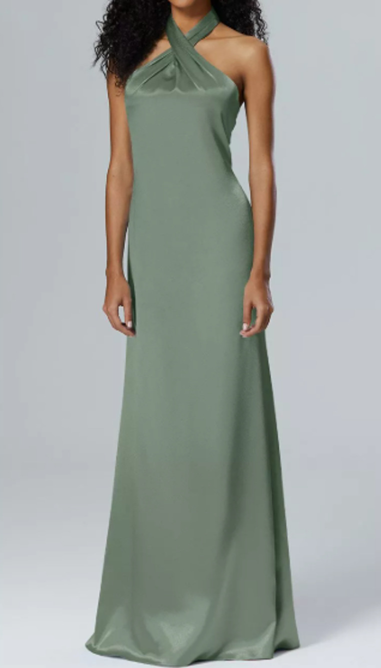 AW BRIDAL 4 S green oil Serena satin charmeuse halter maxi dress 0B8